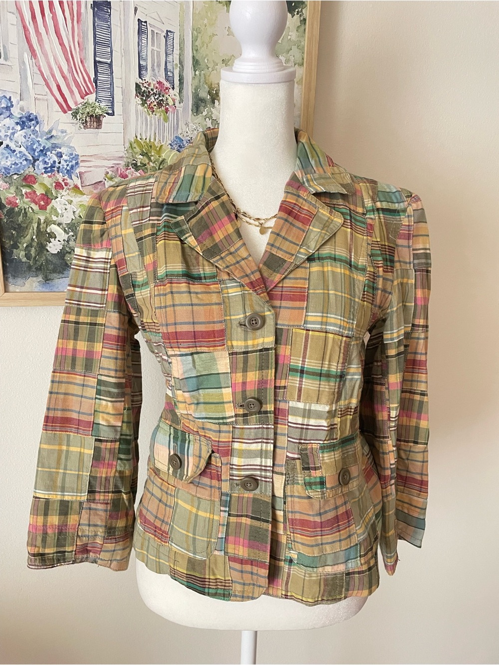 Ann Taylor Loft Vintage Y2K Madras Cotton Patchwork Plaid Blazer Jacket Size 2
